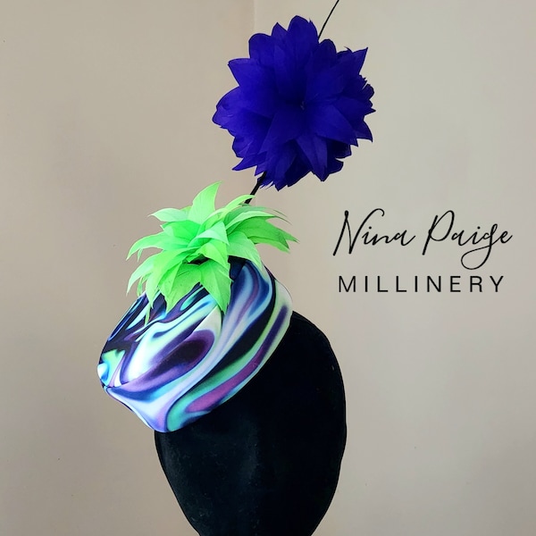 Violet & Lime Green Pillbox Fascinator with Nagoire Feather Flowers