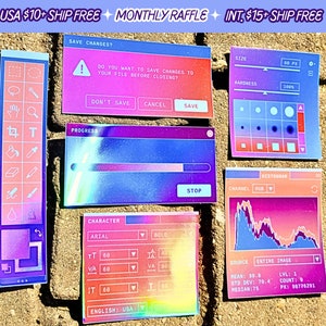 May include: A set of nine holographic stickers featuring various computer interface elements. The stickers include a progress bar, a save changes dialog box, a character settings panel, a histogram, and a toolbar with various icons. The stickers are designed to look like they are from a retro computer.