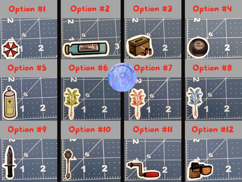 May include: A collection of twelve sticker designs on a grid background. The stickers feature various images, including a red and white umbrella logo, a vial labeled "T-VIRUS", a first aid kit, an ink ribbon, a plant, a key, a knife, a camera, and a spray bottle.