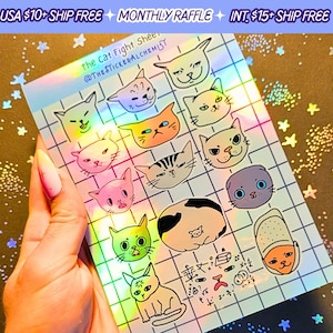 May include: A sheet of holographic stickers featuring various cat illustrations. The stickers are arranged in a grid pattern and feature different cat poses and expressions. The text "The Cat Fight Sheet" and "@THE STICKERALCHEMIST" is printed at the top of the sheet.