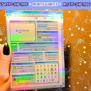 May include: A holographic sticker featuring a vintage computer screen with a blue and white color scheme. The screen displays various windows with text such as "File Explorer", "Documents", "Folder Name", "The Sticker Alchemist", "Downloading", "Type", "Size", "Date", "Installer", "Copying the file", and "The installation was complete successfully".