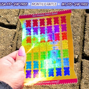 Gummy Bear Sticker Sheet Candy Holographic Vinyl Valentines Day Sticker Sheets Handmade