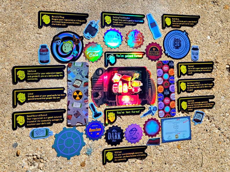 May include: A collection of colorful stickers with various designs and text. The stickers feature images of bottles, bottle caps, and retro-style graphics. Some stickers have text like "Nuka Cola", "You've lost farma!", and "Idolized".