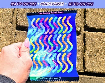 Gummy Worms Sticker Sheet Candy Holographic Vinyl Valentines Day Sticker Sheets Handmade