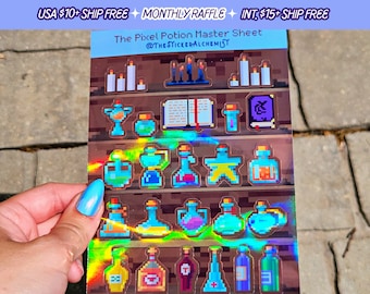 Pixel Potion Master Handmade Holographic Vinyl Retro Video Game RPG Sticker Sheet