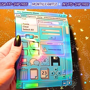 May include: A sheet of holographic stickers featuring a blue and white computer screen design with various icons, including folders, a printer, a trash can, a clock, a floppy disk, and a number 23. The text "The Network Sheet" is at the top of the screen, and the text "ERROR!! Connection Failed." is in a red box at the bottom.