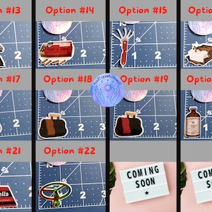 May include: A collection of stickers featuring various designs. Included are a handgun, a box of bullets labeled "TONY'S ARMS", a red and silver tool, a map with a flag, a suitcase, a bottle, a lock system card, and a steering wheel. The text "COMING SOON" is also present.