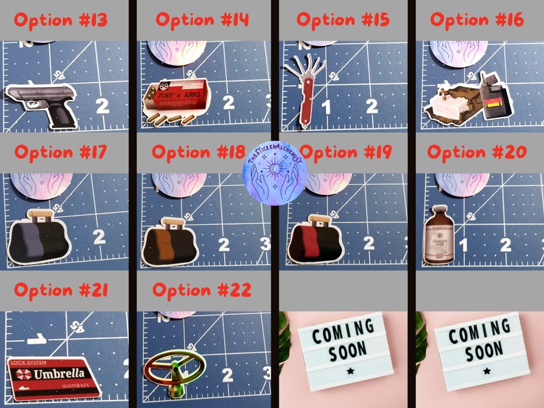 May include: A collection of stickers featuring various designs. Included are a handgun, a box of bullets labeled "TONY'S ARMS", a red and silver tool, a map with a flag, a suitcase, a bottle, a lock system card, and a steering wheel. The text "COMING SOON" is also present.