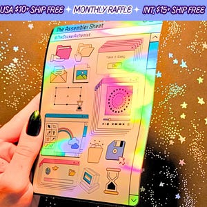 May include: A holographic sticker sheet with a rainbow effect. The sheet features a variety of computer-themed illustrations, including folders, a window with a rainbow, a floppy disk, and an hourglass. The text "The Assembler Sheet" and "TheStickerAlchemist" is printed on the sheet.