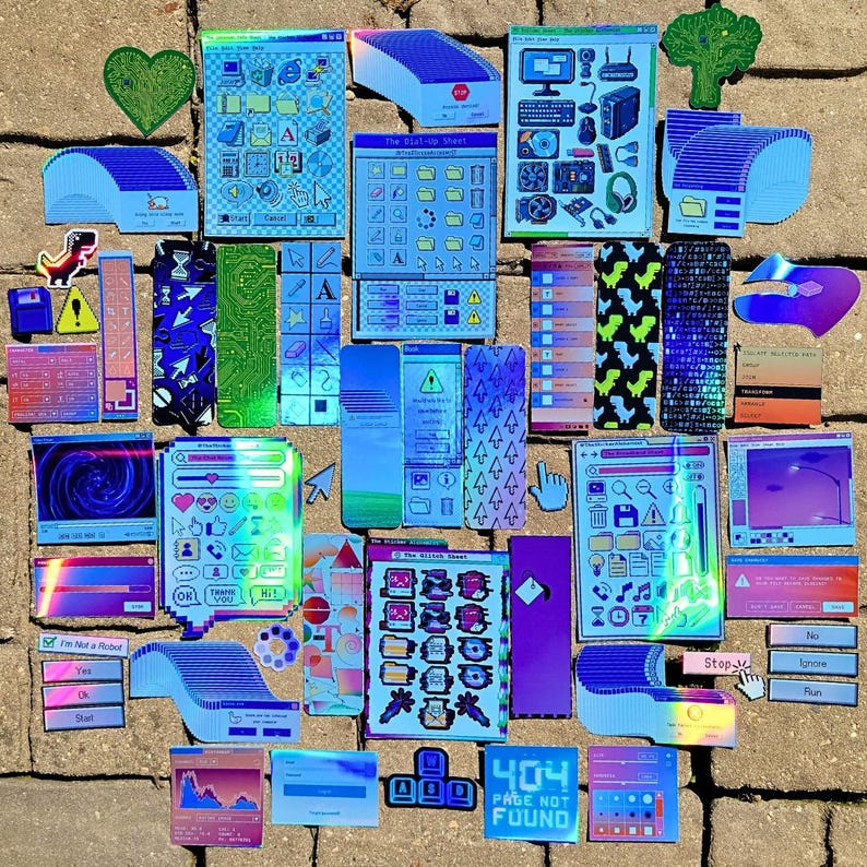 May include: A collection of holographic stickers featuring various retro computer graphics, including folders, icons, and error messages. The stickers are arranged on a brown brick surface. The stickers are iridescent and have a rainbow sheen.