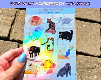 Silly Cats Planner Handmade Holographic Vinyl Funny Goofy Cat Lover Sticker Sheet