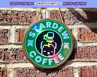 Stardew Coffee Sign Stardew Valley Coffee Bar Handmade Hanging Wooden Starfruit Game Room Signs Junimo Wall Art