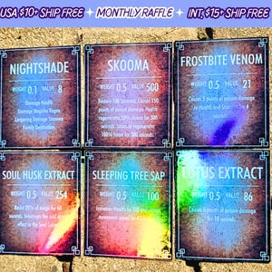 May include: Six colorful cards with a brown background and white text. Each card features a different potion with a name, weight, and value. The potions include Nightshade, Skooma, Frostbite Venom, Soul Husk Extract, Sleeping Tree Sap, and Lotus Extract.