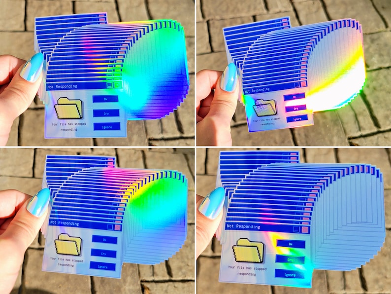 Archivo que no responde Etiqueta de error de computadora Mensaje de humor tecnológico Etiqueta de vinilo holográfica hecha a mano para PC imagen 2