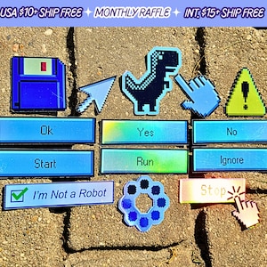 May include: A set of nine blue, green, and yellow pixelated stickers with various computer-related designs, including a floppy disk, a dinosaur, a cursor, a hand, an exclamation point, and buttons that say "Ok", "Yes", "No", "Start", "Run", "Ignore", and "Stop". There is also a green checkmark in a box with the text "I'm Not a Robot" and a blue circle with five smaller circles inside.