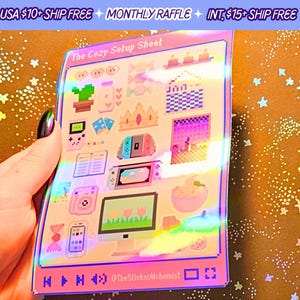 Cozy Setup Sticker Sheet Holographic Vinyl Computer PC Pixel Stickers Sheets Handmade