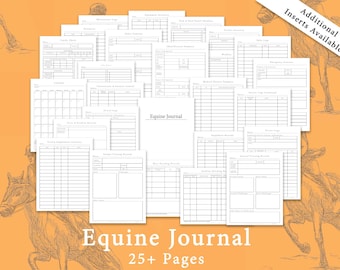 May include: A printable equine journal with 25+ pages of forms and checklists for horse owners. The pages include sections for tracking feed, supplements, training, vet records, and more. The journal is designed to help horse owners keep track of their horse's health and care.