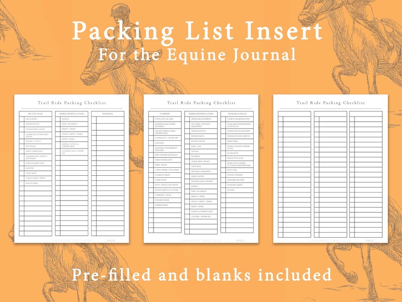 Trail Ride Packing List Insert for Equestrian Journal | Horse Logs ...