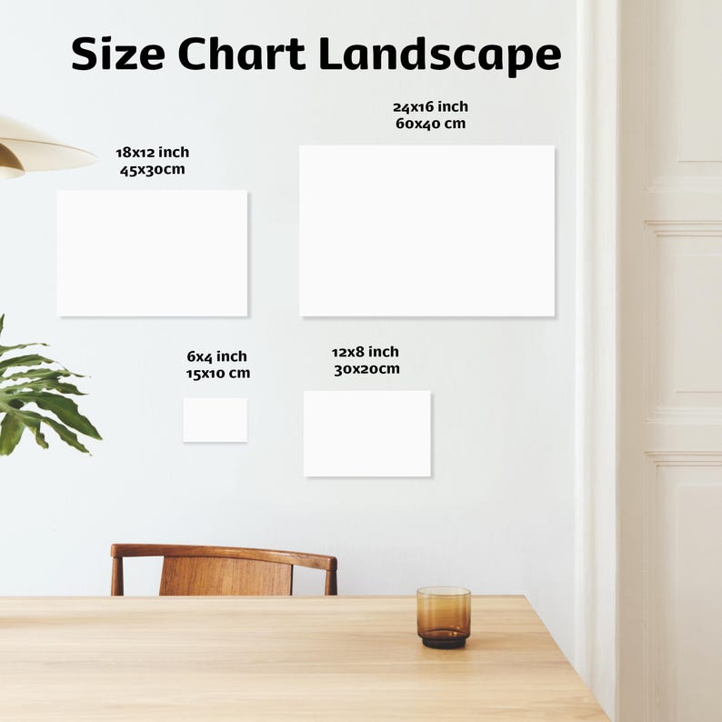 May include: A size chart for landscape art prints, with dimensions in inches and centimeters. The chart displays four rectangular canvas sizes: 24x16 inch (60x40 cm), 18x12 inch (45x30cm), 12x8 inch (30x20cm), and 6x4 inch (15x10 cm).