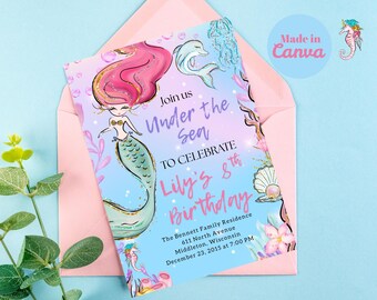 Könnte beinhalten: Eine Geburtstagseinladung zum Thema Meerjungfrau in Rosa und Blau. Die Einladung zeigt eine Meerjungfrau-Illustration, einen Delfin und den Text "Under the Sea" und "Lily's 8th Birthday". Die Einladung befindet sich in einem rosa Umschlag.
