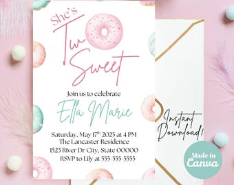 Two Sweet Donut Birthday Invitation: Pastel Party Template (Digital Download)