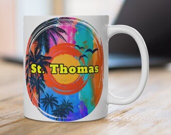 St Thomas USVI Coffee Cup, 2 SIZES, Bright Colorful Memorabilia and Forever keepsake