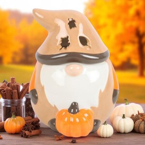May include: A ceramic gnome figurine with a brown hat and orange body, holding an orange pumpkin. The gnome has a white beard and a small pink nose. The background features pumpkins and cinnamon sticks, suggesting a fall theme.