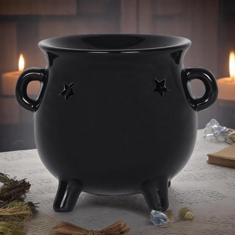 Black or White Cauldron Wax Melt Burner – Ceramic Oil Warmer for Witch Altar Decor image 3