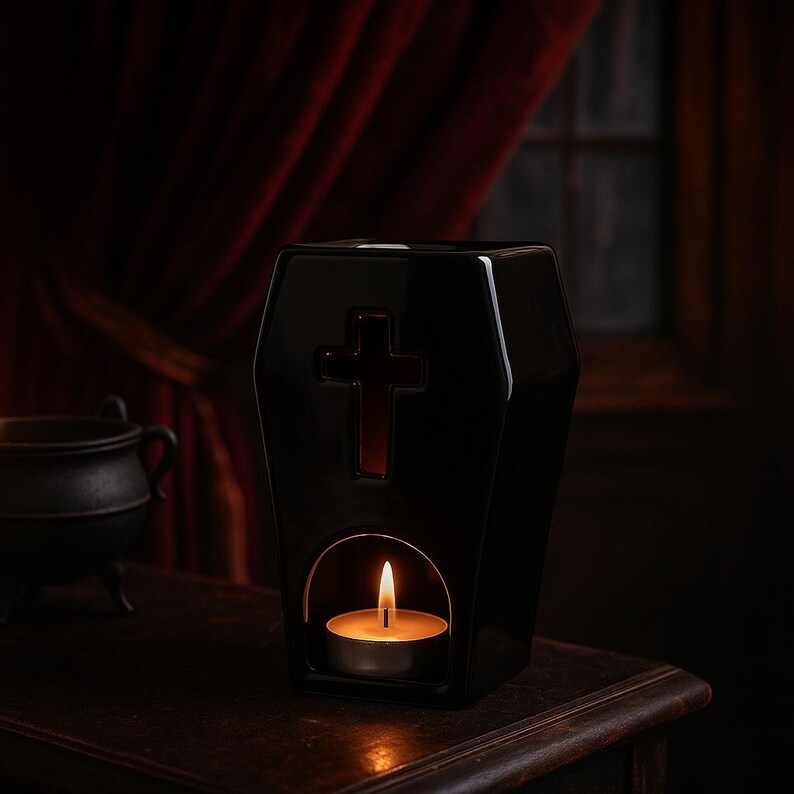 May include: A black ceramic wax warmer shaped like a coffin with a cutout cross design on the front. The base features an arched opening containing a lit tea light candle, which illuminates the interior and casts a warm glow through the cross cutout.