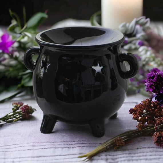 Black or White Cauldron Wax Melt Burner – Ceramic Oil Warmer for Witch Altar Decor