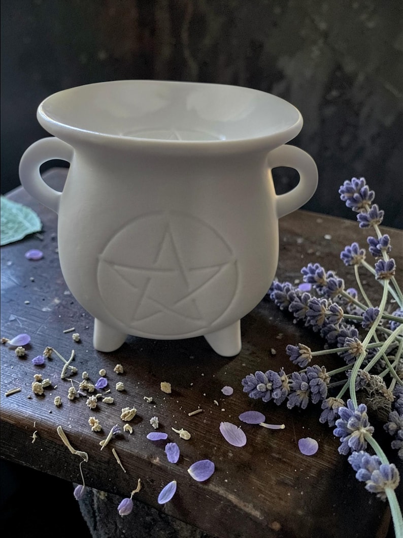 Black or White Cauldron Wax Melt Burner – Ceramic Oil Warmer for Witch Altar Decor White Pentagram