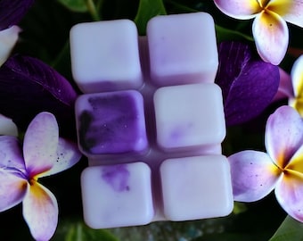 May include: A six-cube wax melt in shades of purple and white, surrounded by purple leaves and flowers. The wax melt has a marbled design in the center. The background is a mix of green and purple.