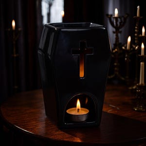 May include: A black ceramic wax warmer shaped like a coffin with a cutout cross design on the front. The piece features an arched opening at the base containing a lit tea light candle, which illuminates the interior and the cross cutout.