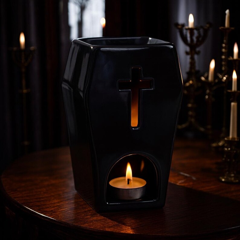 May include: A black ceramic wax warmer shaped like a coffin with a cutout cross design on the front. The piece features an arched opening at the base containing a lit tea light candle, which illuminates the interior and the cross cutout.