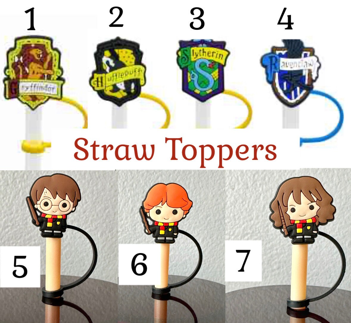 Wizard Straw Toppers and Bows, Potter Straw Covers, Fits Stanley Cups,  Harry Hermoine Ron, Gryffindor, Slytherin, Hufflepuff, Ravenclaw, HP 