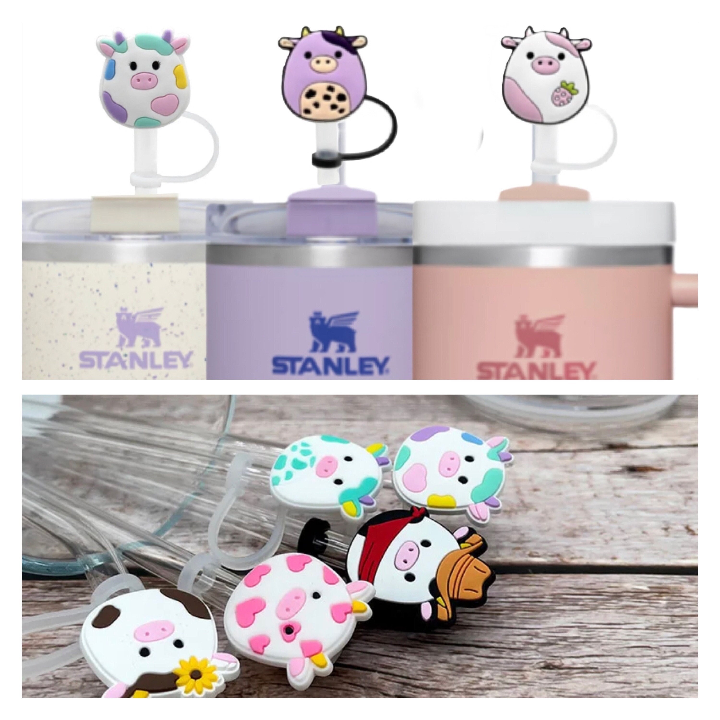 Kawaii Animal Stanley Tumbler Straw Tip Cat Topper Dog Charm Cow