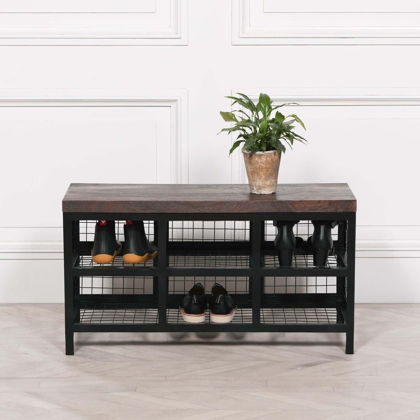 Buy Industrial Shoe Storage Black Metal Bench With Wooden Top