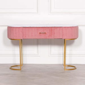 Pink Velvet Vanity Dressing Table with Marble Top and Gold Legs