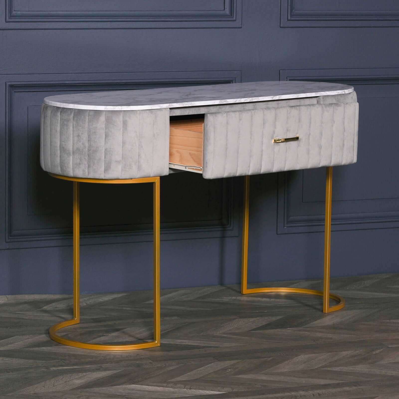 grey and gold dressing table Velvet Vanity With Marble Top Legs guipure on mesh