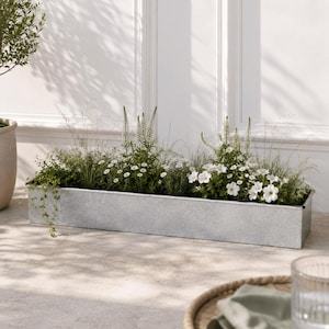 Roll Top White Wash Metal Window Box Planter - 94cm