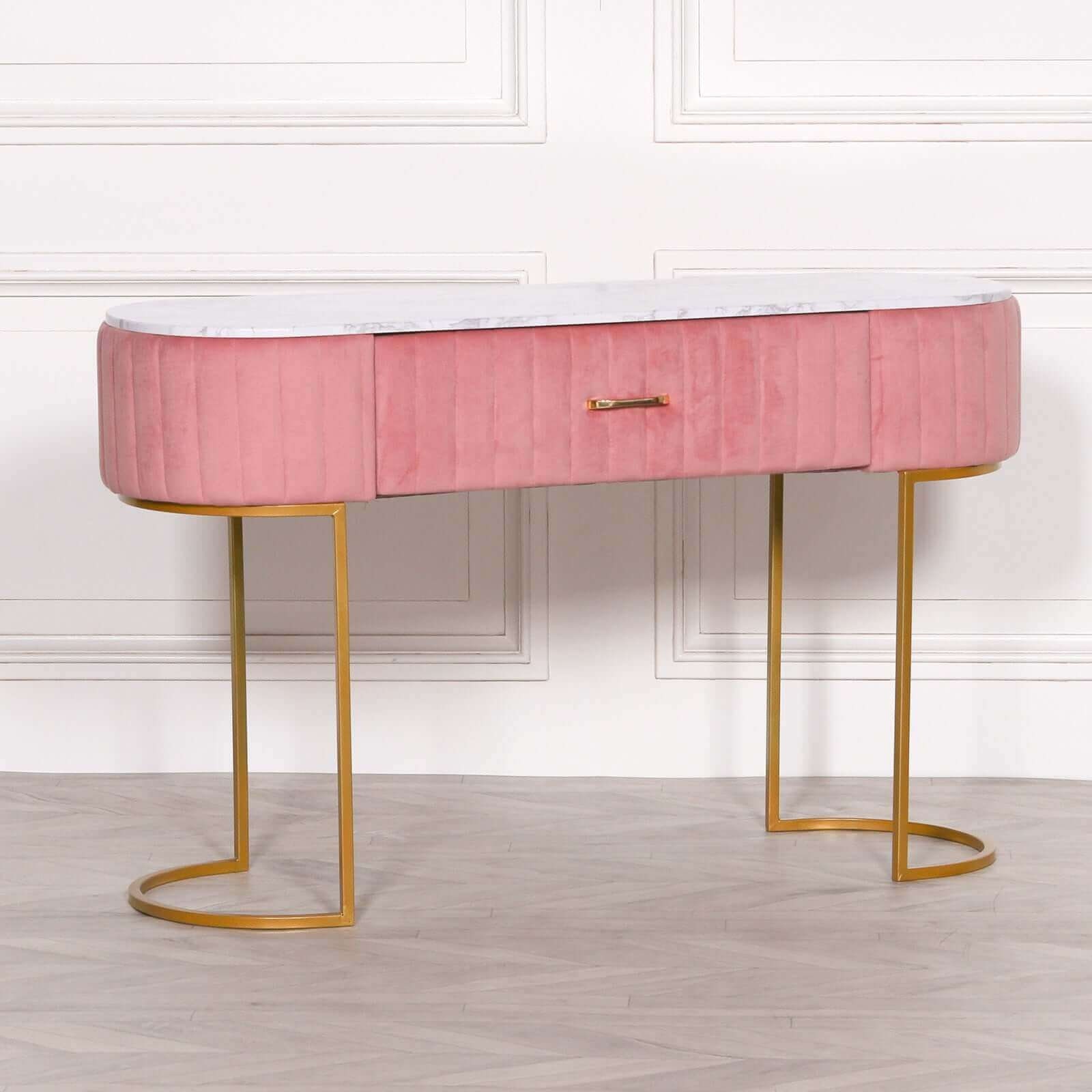 Pink Velvet Vanity Dressing Table With Marble Top and Gold Legs