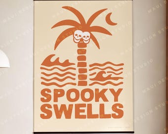 Spooky Swells Halloween Surf Print - Skeleton Coconut Palm Tree Art, Retro Tropical Beach Decor, Skull Print, Dorm Poster, Digital Download