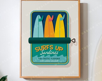 Sardines Fish Surf Print - Retro Surfboard Tin Can Design, Quirky Coastal Wall Art, Sardine Poster, Lobster, Tinned Fish, Digital Download