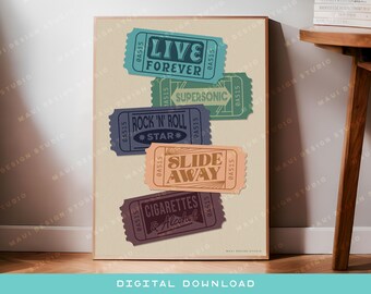Oasis Definitely Maybe Inspired Art Print -Retro Ticket Typography Stub Poster, Britpop, 90s Music Decor, Oasis Lyrics Art, Digital Download