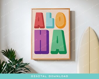 Aloha Wall Art Print – Colorful Retro Hawaii Poster, Tropical Rainbow Typography, Surf-Inspired Coastal Beach House Print - Digital Download