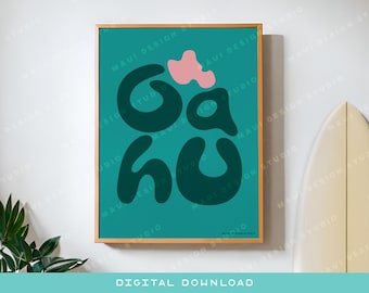 Oahu Hawaii Art Print | Teal Island Typography, Coastal Wall Decor (Digital Download)