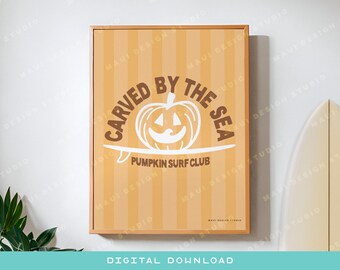 Pumpkin Surf Club Print – Halloween Surf Art, Jack-O’-Lantern Surfboard Poster, Coastal Beach House Wall Decor Dorm Poster, Digital Download