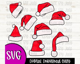 Santa hat bundel SVG, rood, zwart en wit SVG en PNG bestanden voor Cricut, Cut bestanden geweldig voor t-shirts, tumblers, stickers, kaarten en meer.