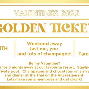 Valentines Golden Ticket, Gift Certificate, Gift Coupon, Gift Voucher, Foiled Gift Voucher, Unisex, Valentines Gift, February 14th