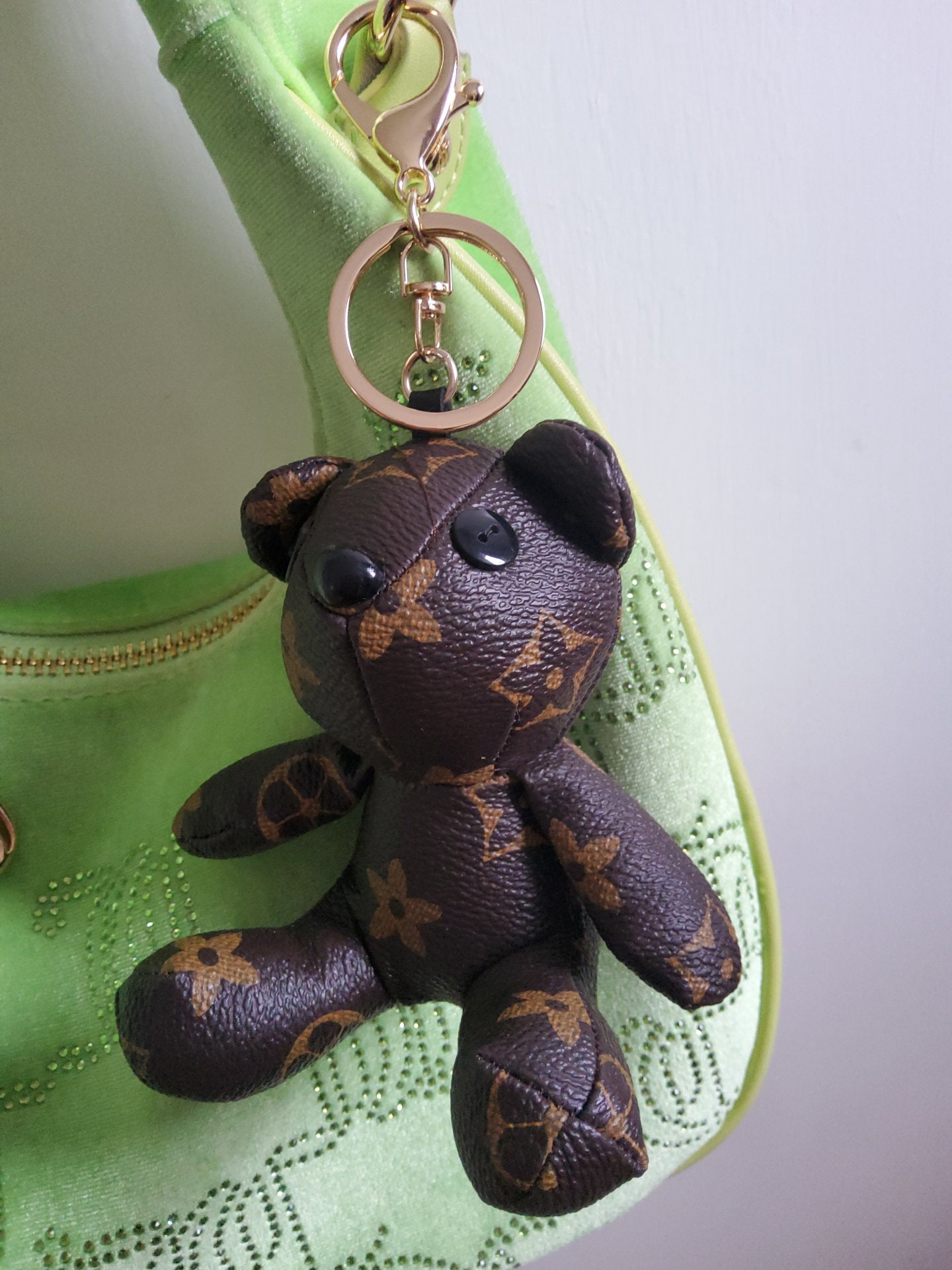 Little Luxuries Designs Teddy Bear Shaped Louis Vuitton Style Damier Keychain/Bag Charm (with Strap)